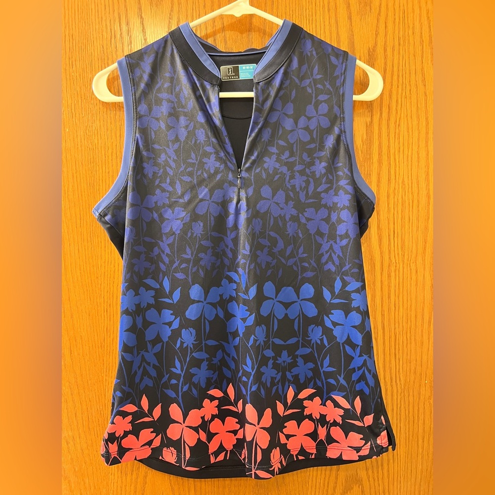 PGA Tour Women's Floral Print Sleeveless Blue and Pink Golf Polo Shirt - Size M